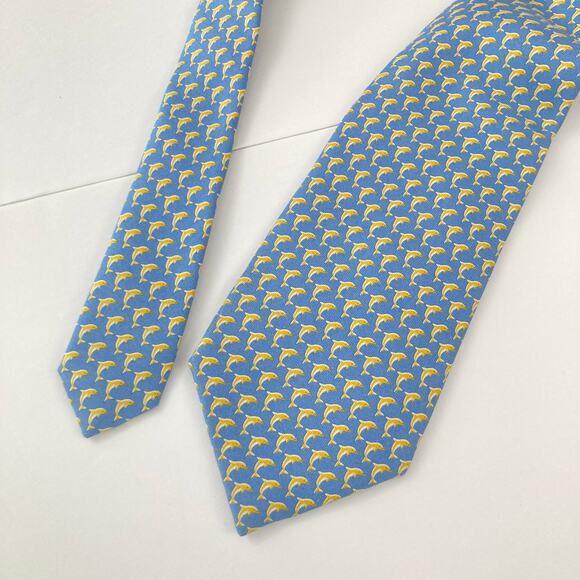 Lot of 3 Yellow & Blue 100% Silk Nautical Themed Ties Preppy Crab Dolphin Vines - Picture 13 of 15